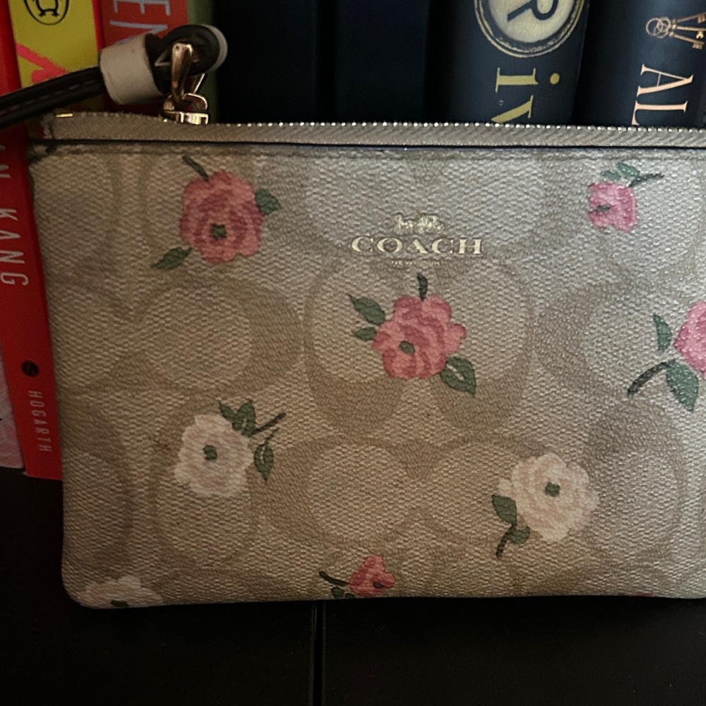 Coach Beige Signature Floral Wristlet with Pink Rose Accents